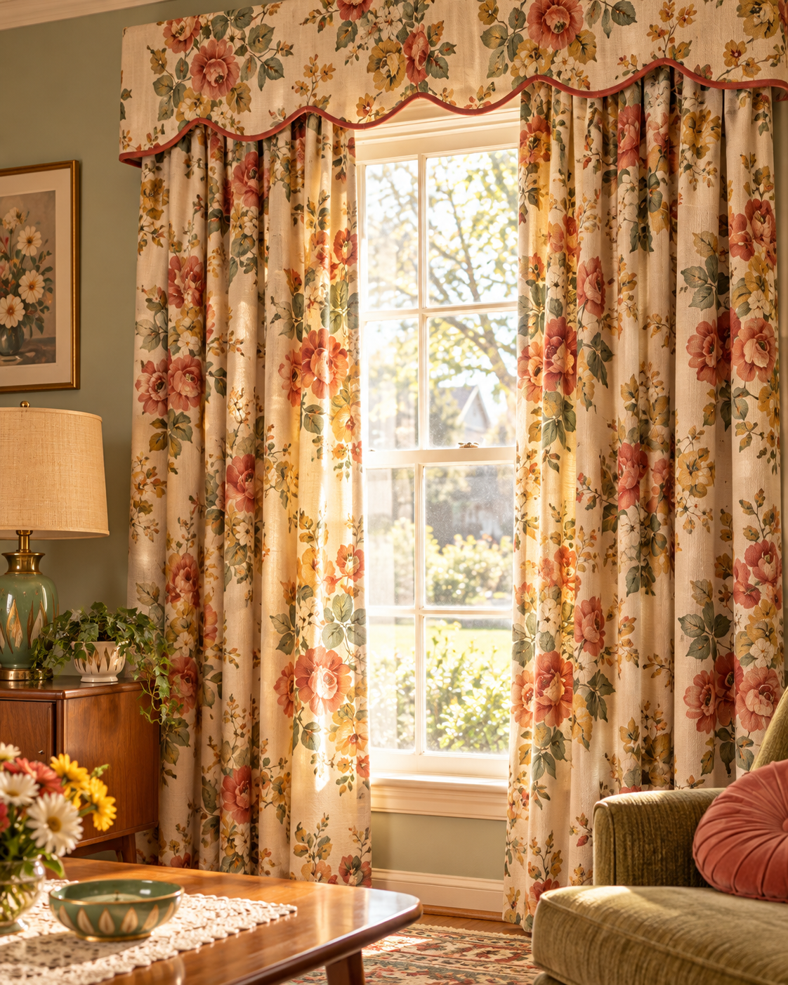 Floor-length curtains with a floral pattern framing a window, paired with a matching upholstered valance.