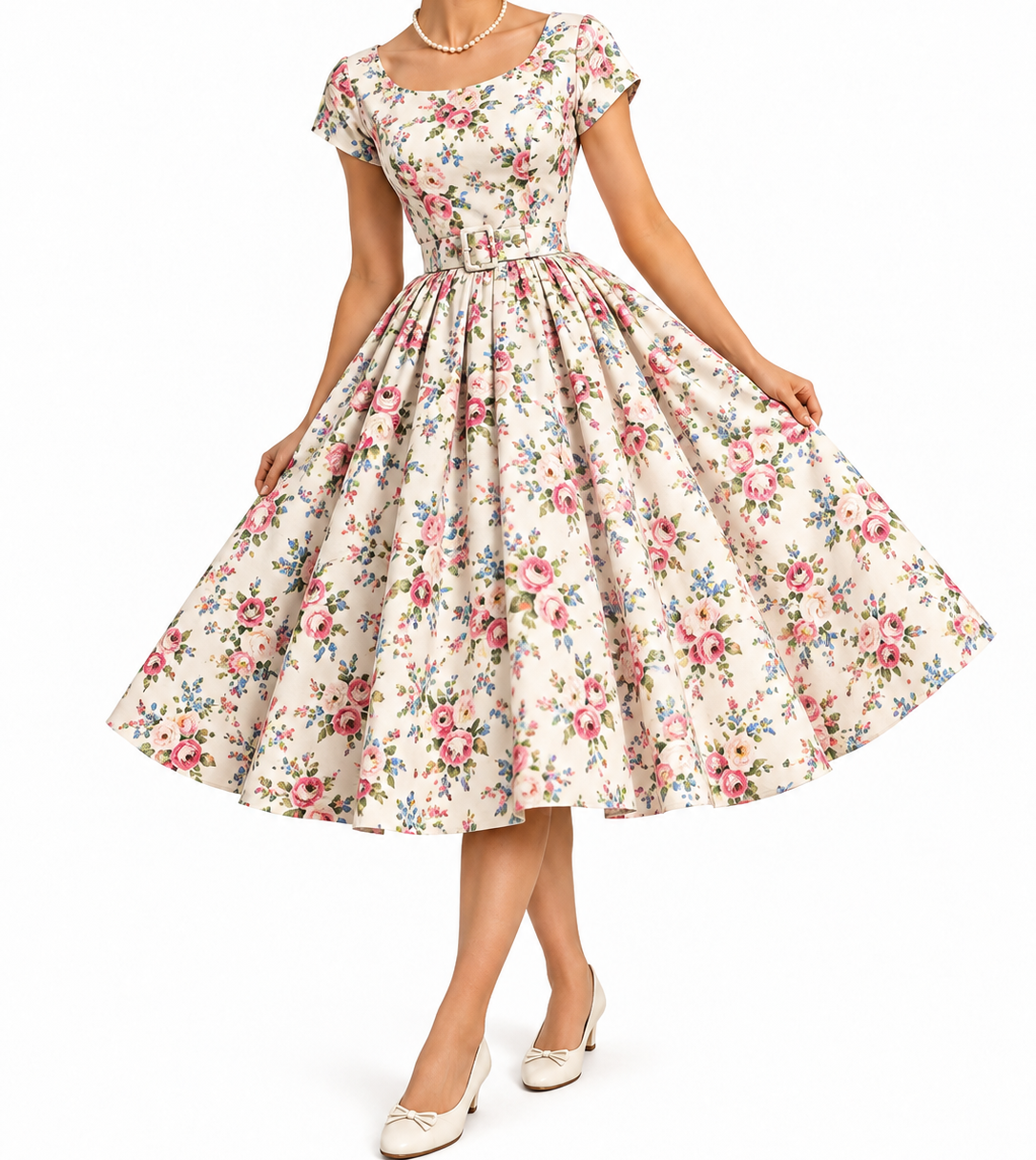 A woman wearing a cream-colored, vintage-style swing dress featuring a pink rose floral pattern and a matching belt, paired with ivory pumps.