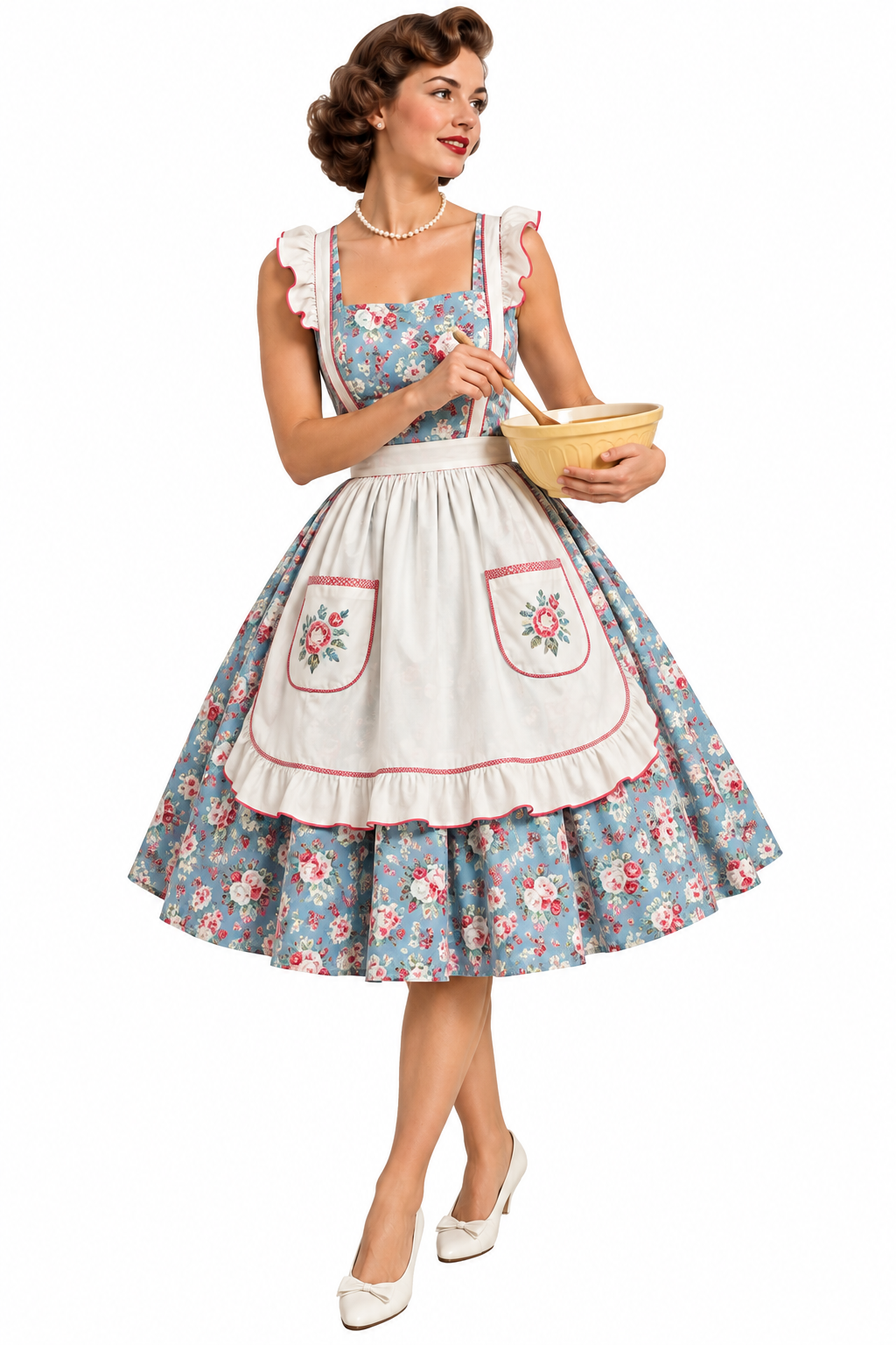 A woman in a floral 1950s-style dress and white apron holds a mixing bowl and wooden spoon.
