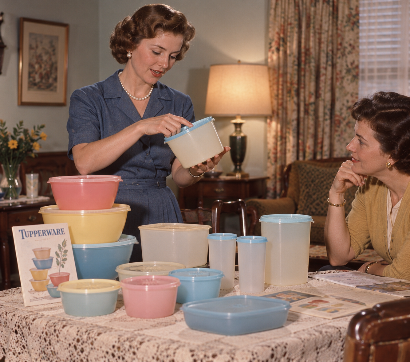 A woman demonstrates a Tupperware container to another woman sitting at a table filled with various plastic food storage bowls and canisters.