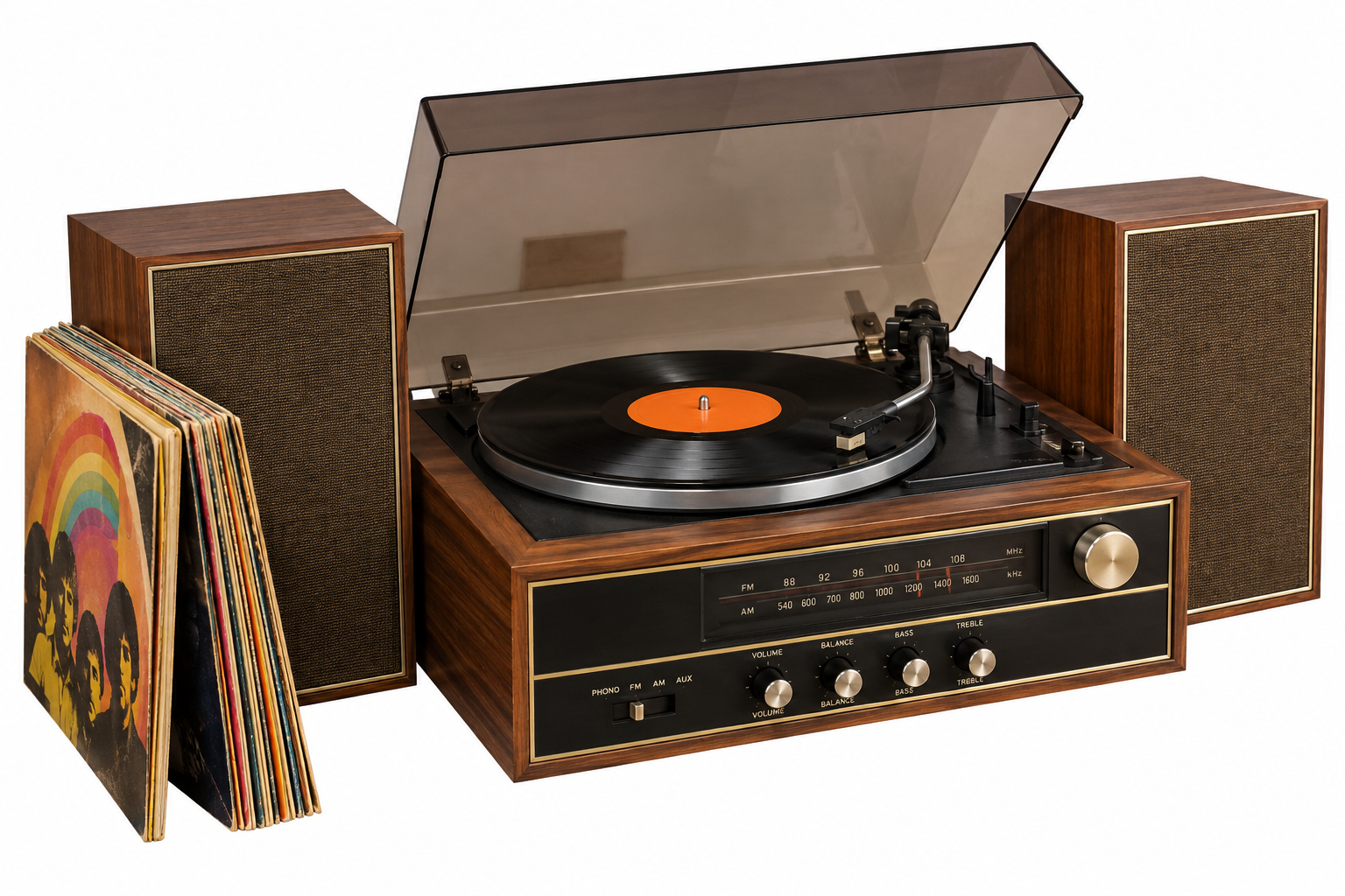 A vintage-style record player with an open dust cover and two speakers, accompanied by a stack of vinyl records.