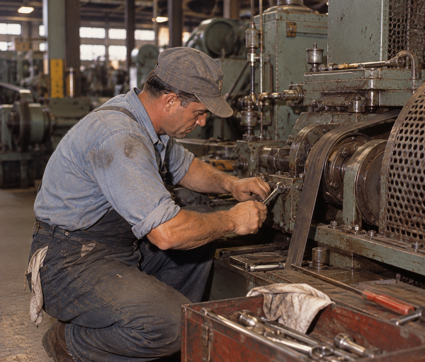 A factory worker wearing a cap and overalls uses a wrench to adjust a large piece of industrial machinery.