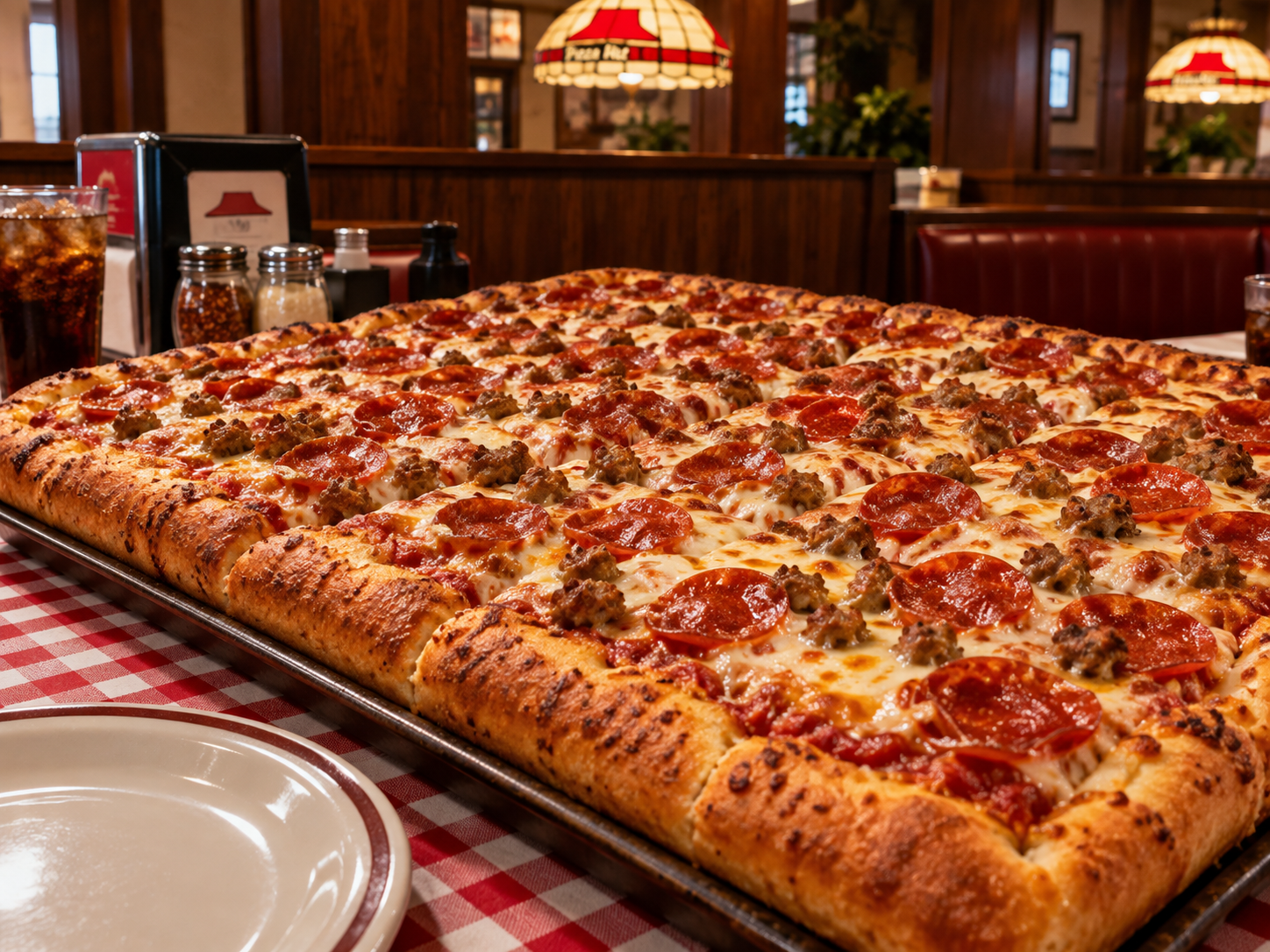 A large rectangular pan pizza topped with pepperoni and sausage, served on a table with a red and white checkered tablecloth.
