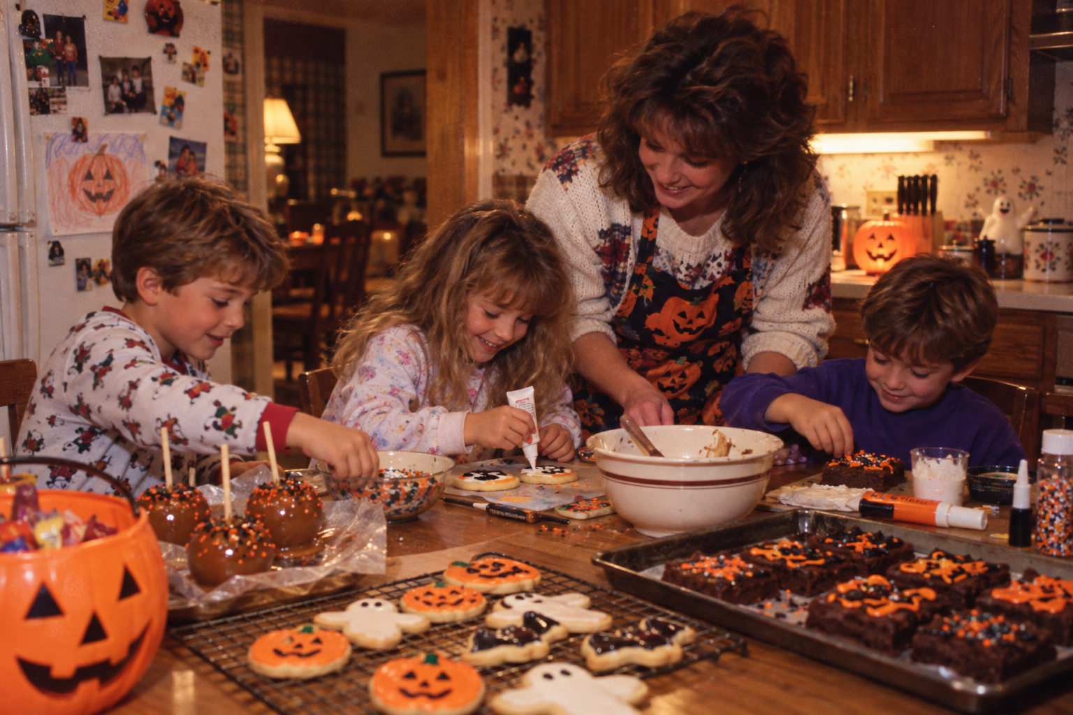 A woman and three children decorate Halloween-themed cookies and brownies at a kitchen table.
