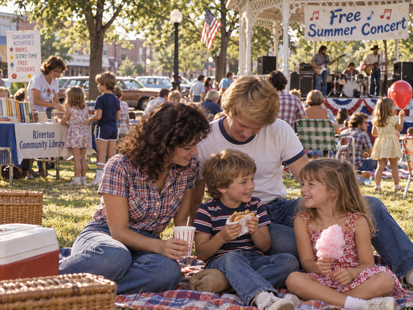 A family sits on a blanket at a park event, with a young boy holding a hot dog and a girl holding cotton candy, in front of a live band performing on a gazebo stage.