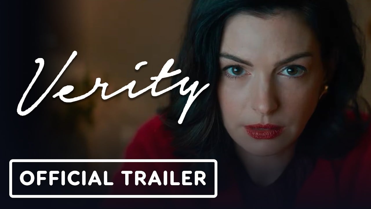 A woman with dark hair looks directly at the camera, with the word “Verity” in white script and an “OFFICIAL TRAILER” text box overlaid.