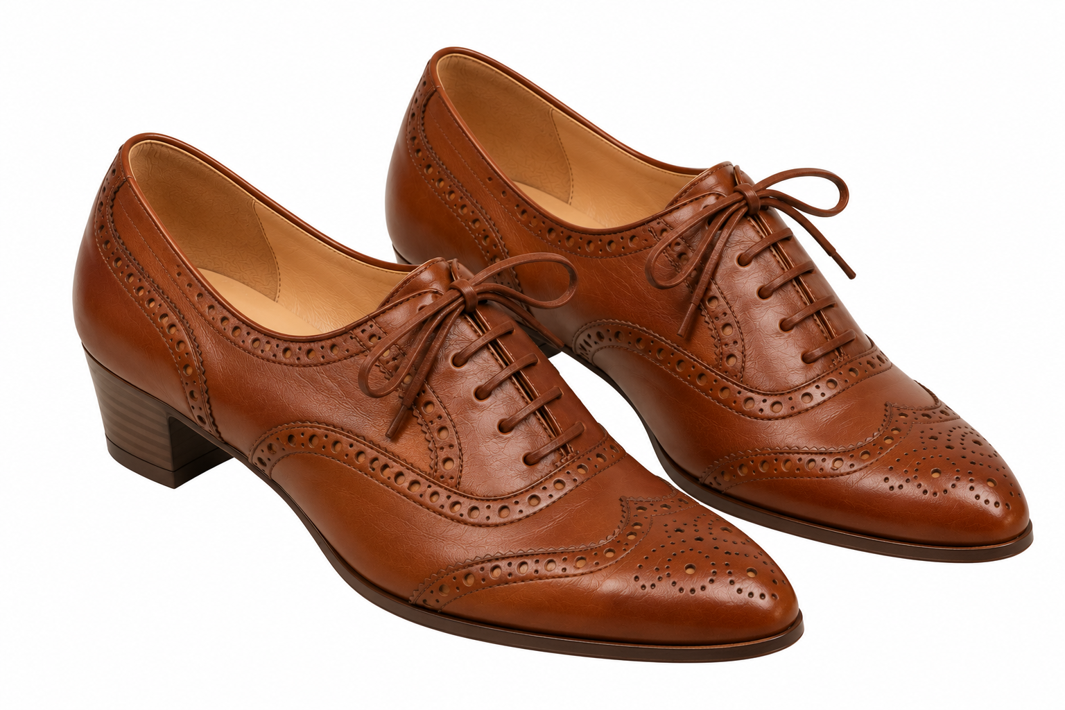Pair of brown leather brogue-style lace-up shoes with a low block heel.