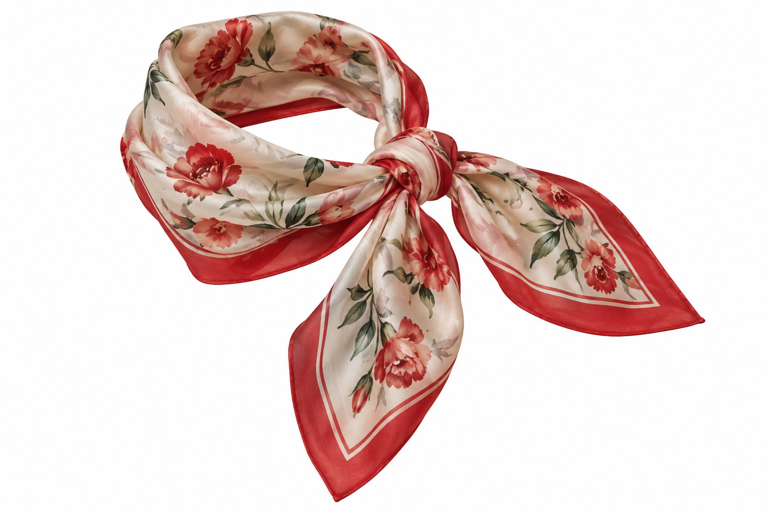 Cream-colored silk scarf with a red border and a floral pattern of red roses and green leaves, tied in a knot.