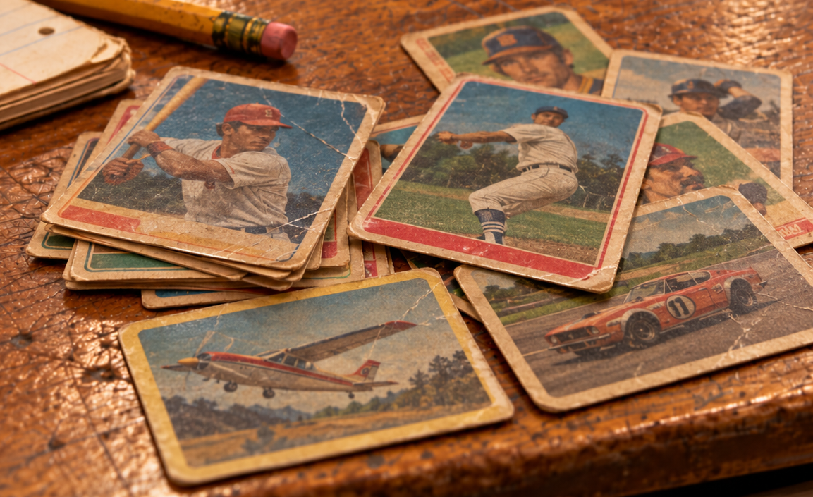 A pile of vintage trading cards featuring baseball players, an airplane, and a race car sitting on a wooden surface next to a pencil.