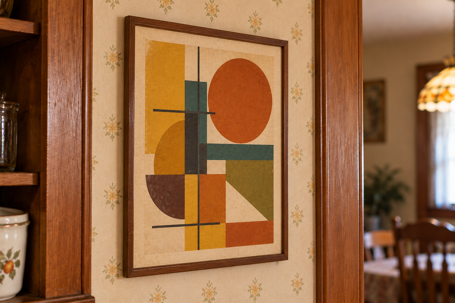 Framed abstract geometric print featuring circles, rectangles, and triangles in earthy tones hanging on floral wallpaper.