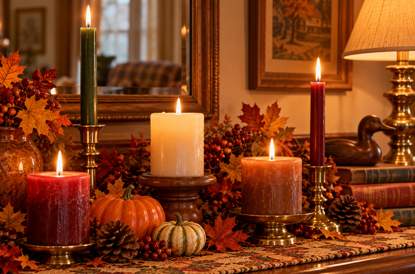 Four lit candles of varying sizes, two small pumpkins, pinecones, and artificial autumn leaves arranged on a table.