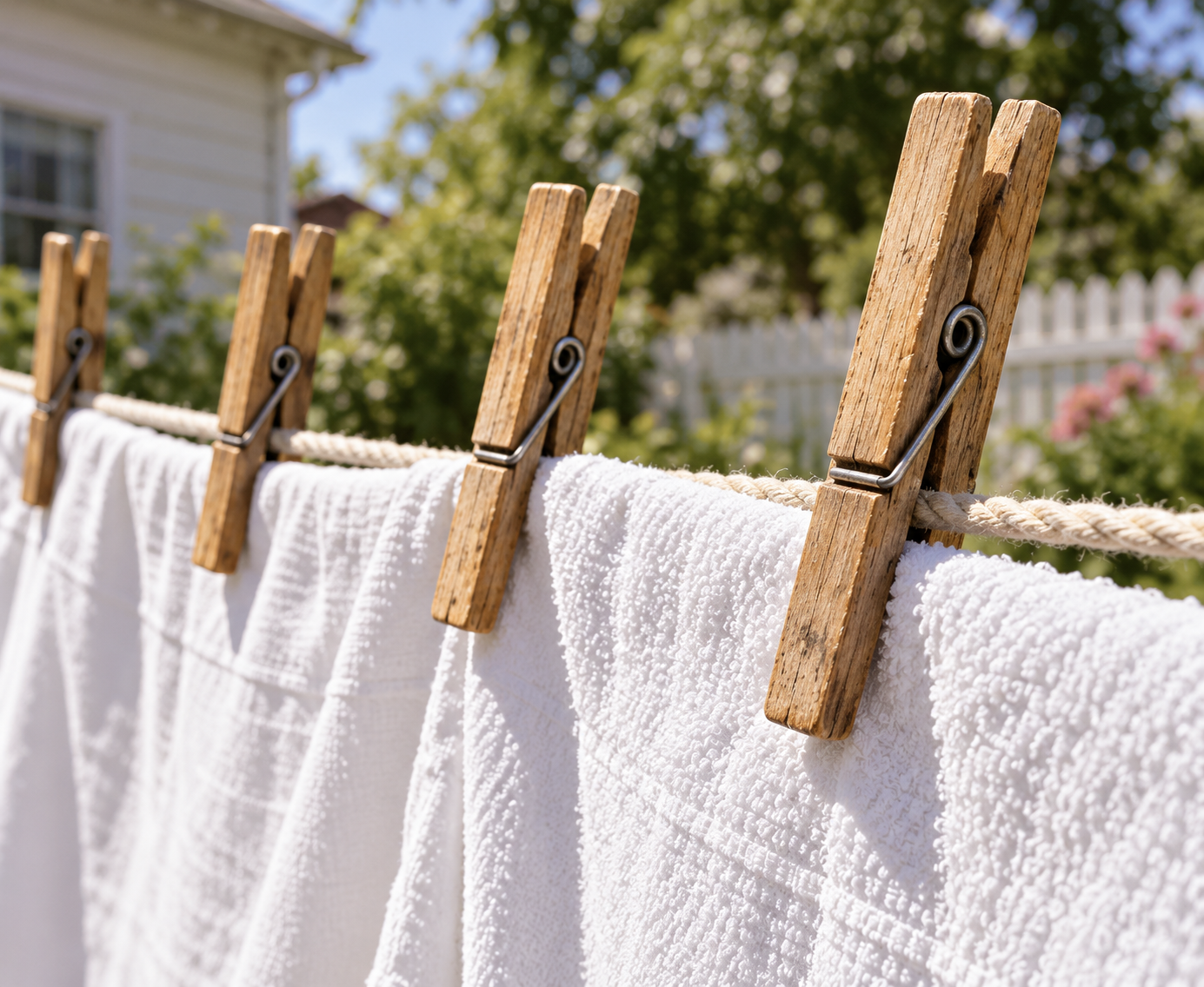 White towels hanging on a clothesline, secured by wooden clothespins.