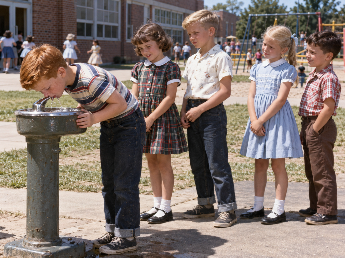 Five children stand outside at a drinking fountain. One boy drinks while four kids wait in line, smiling and chatting. They are dressed in 1950s-style clothes. A playground and school building are visible in the background.
