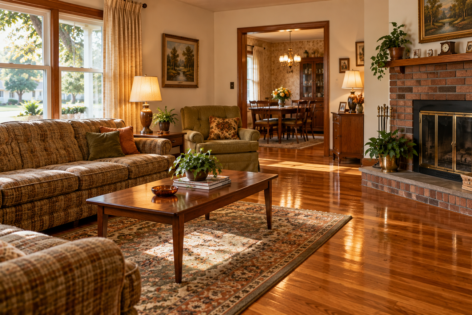 A living room with a patterned sofa, wooden coffee table, and brick fireplace, with a dining room visible through an open doorway.