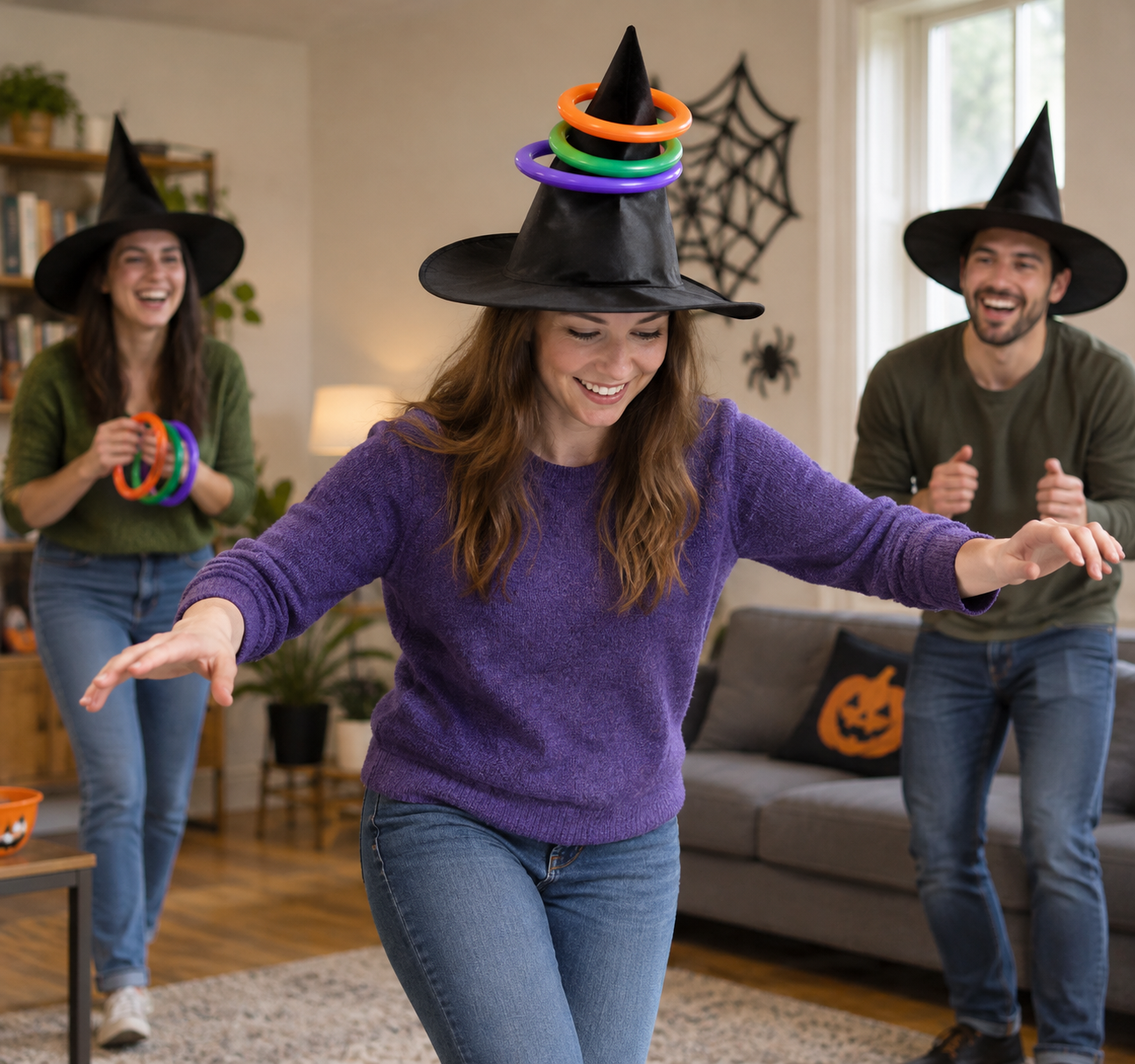 Three people wearing witch hats playing a ring toss game in a living room.