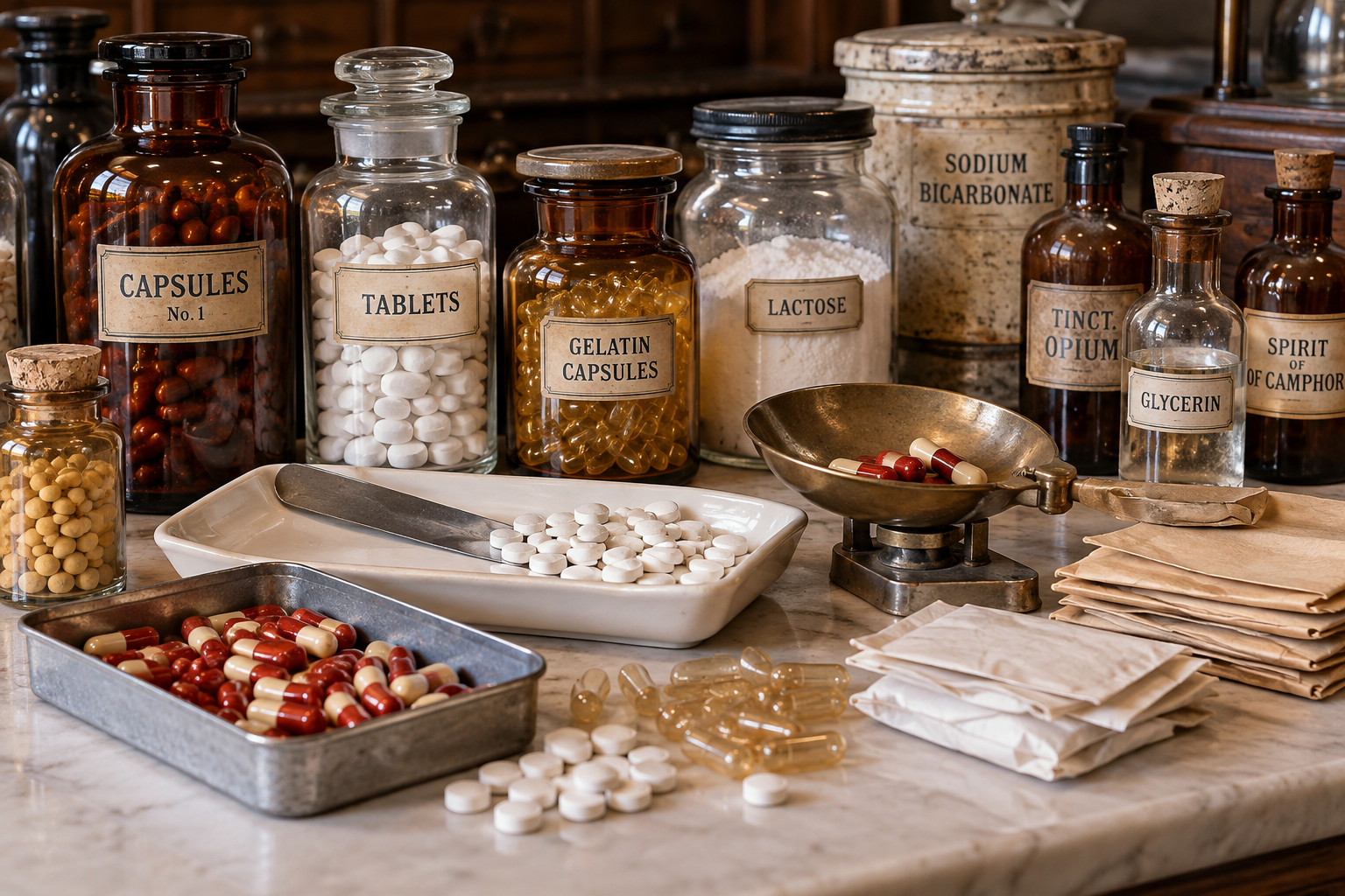 A collection of vintage apothecary jars labeled with ingredients like sodium bicarbonate, lactose, and opium, alongside trays of white tablets and red-and-white capsules on a marble counter.