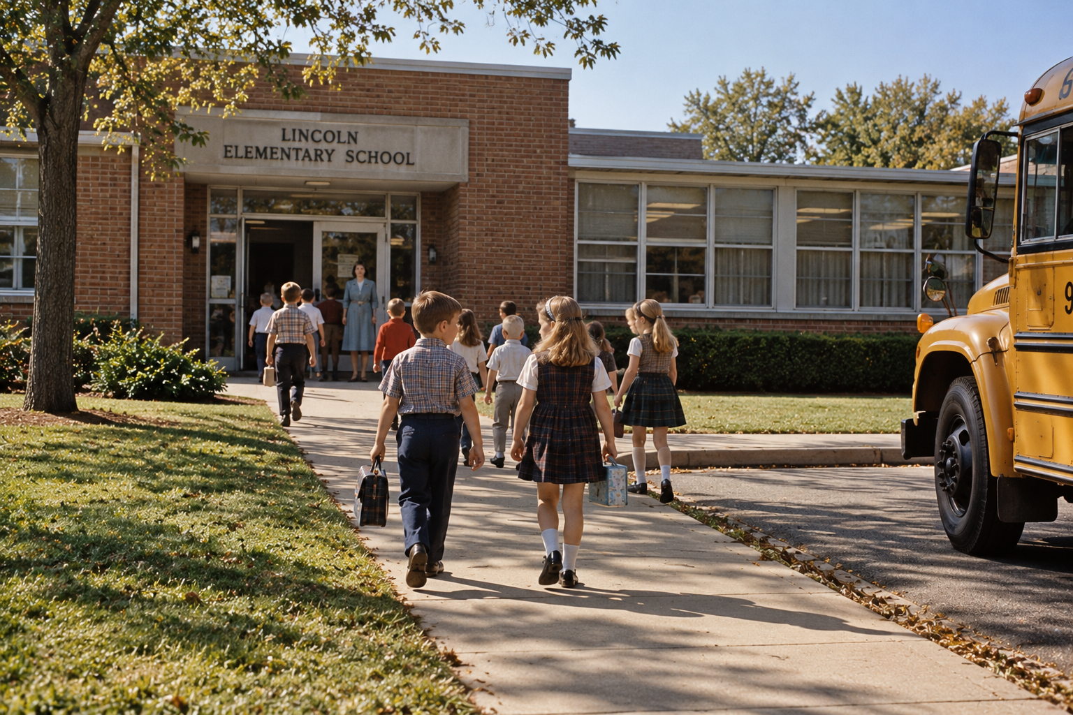 Elementary school children walking toward the entrance of Lincoln Elementary School, with a yellow school bus parked in the foreground.