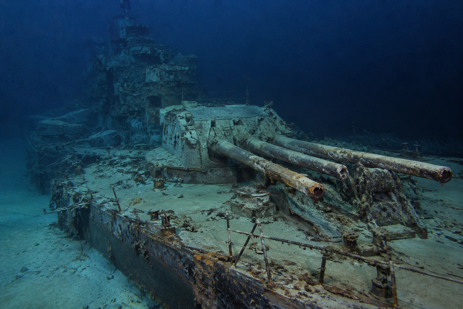 The rusted triple-gun turret of a sunken warship resting on the ocean floor.