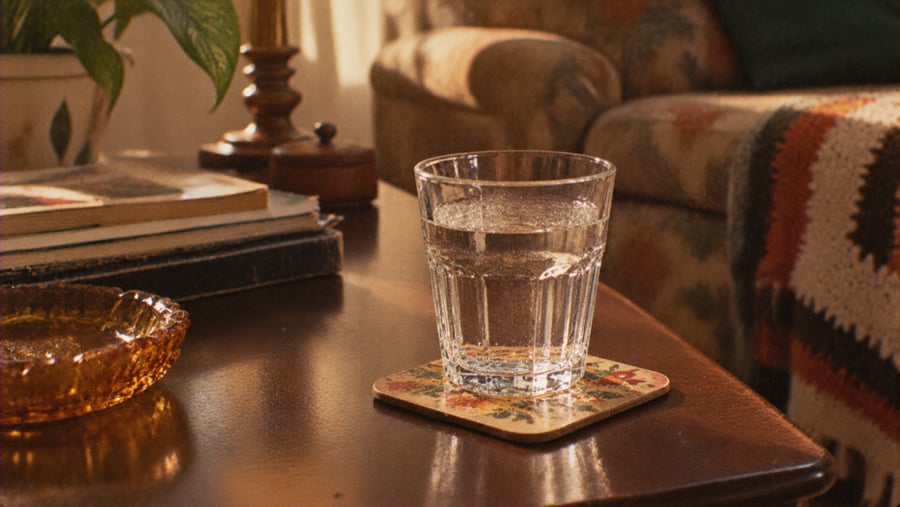 A glass of water sitting on a coaster on a wooden table next to a small dish and a stack of books.