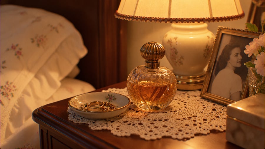 A perfume bottle, a small dish holding a gold ring, a lamp, and a framed photograph on a wooden nightstand.