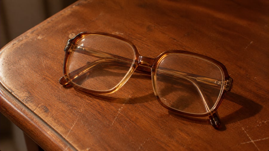Tortoiseshell glasses with rectangular frames resting on a wooden surface.