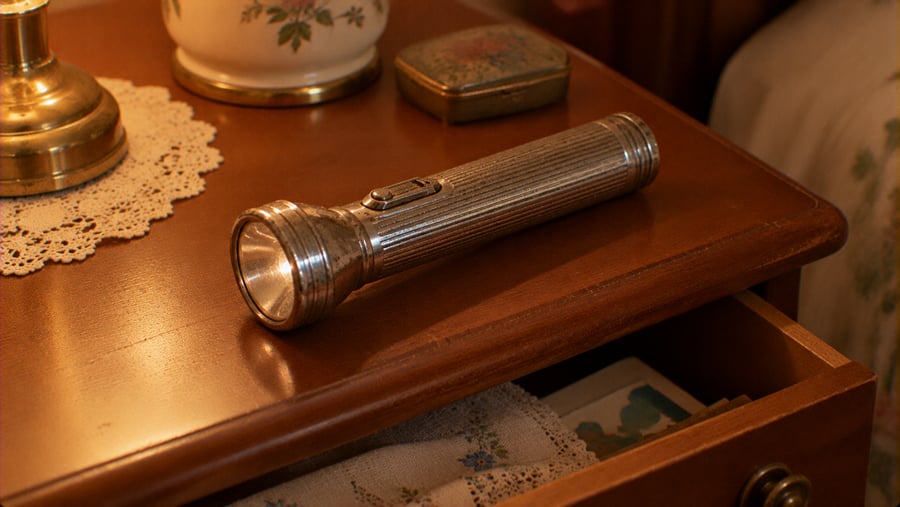 A metal flashlight lies on a wooden nightstand beside a lamp and a small box.