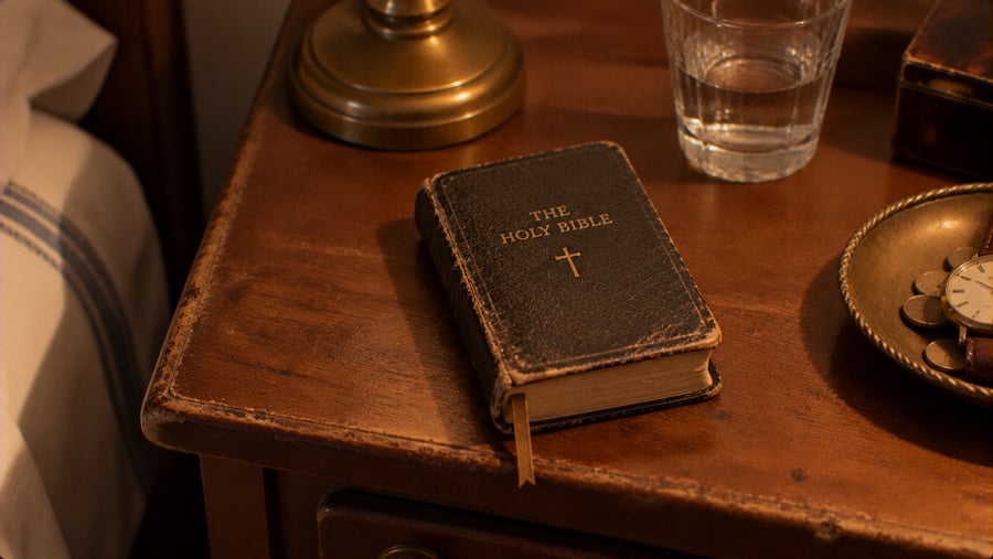 A copy of the Holy Bible lying on a wooden nightstand next to a glass of water, a lamp base, and a small tray containing a wristwatch and coins.