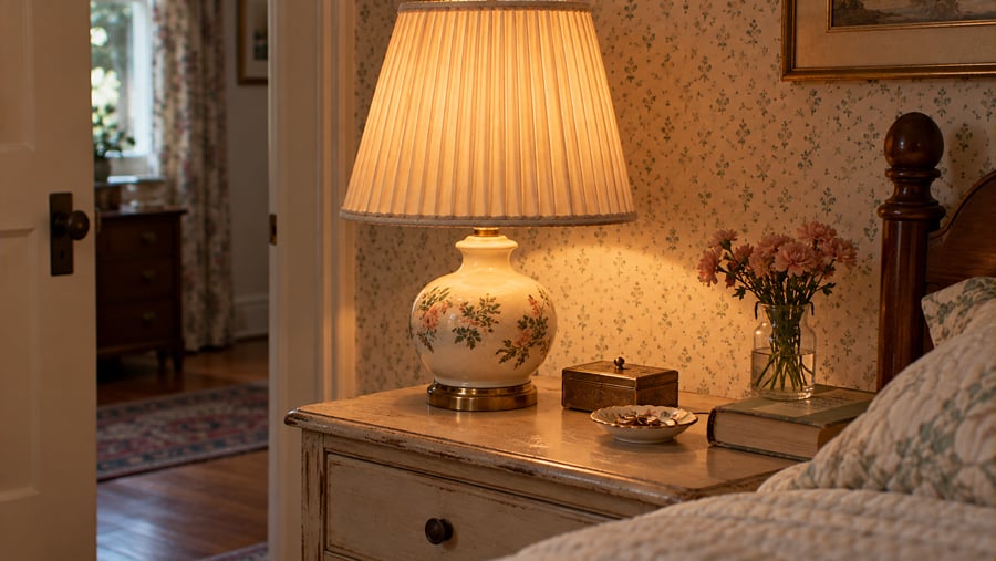 A lit table lamp with a floral ceramic base and pleated shade sits on a nightstand next to a small vase of flowers, a jewelry box, and a book.