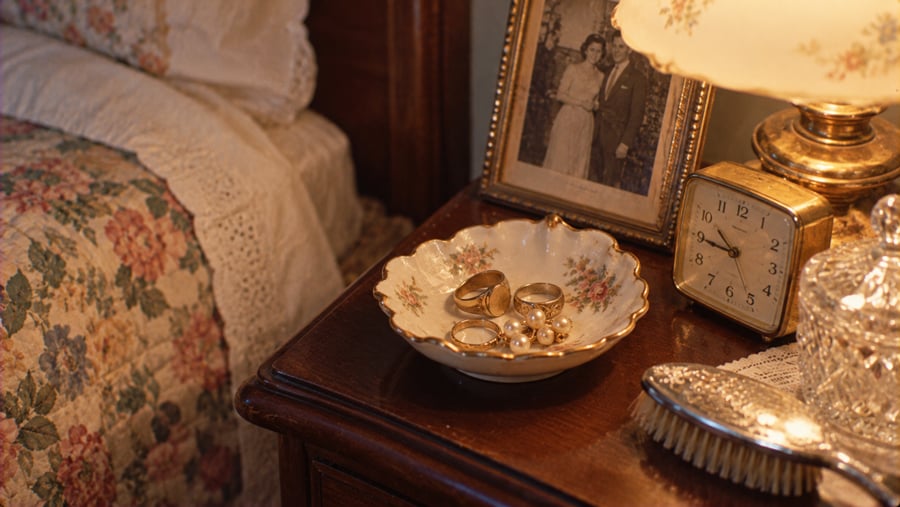 A bedside table holding a small floral dish with rings and pearls, a vintage clock, a framed photograph of a couple, and a hairbrush.