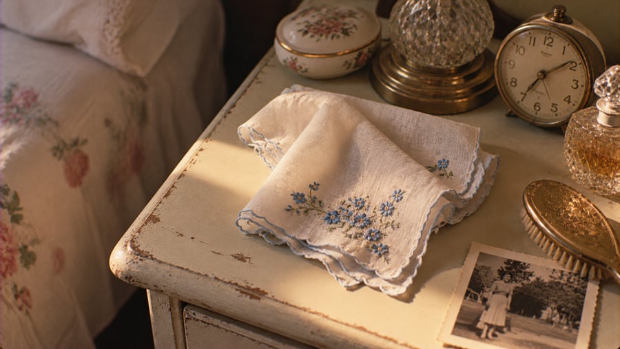 A folded white handkerchief with embroidered blue flowers sits on a nightstand beside an analog clock, a small perfume bottle, a hairbrush, and a vintage black-and-white photograph.