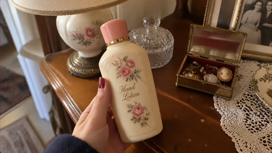 A hand holds a vintage-style bottle of hand lotion decorated with pink roses on a wooden side table.