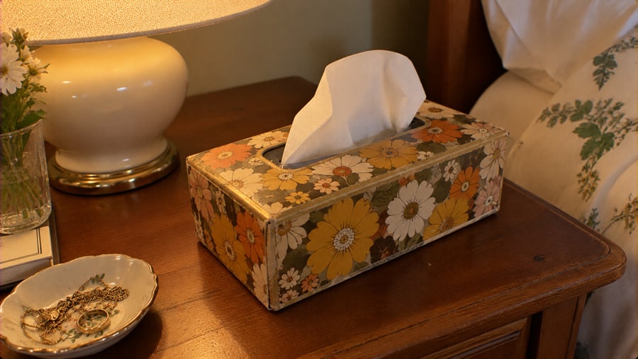 A rectangular tissue box with a vintage floral pattern sits on a wooden nightstand next to a lamp and a small dish of jewelry.