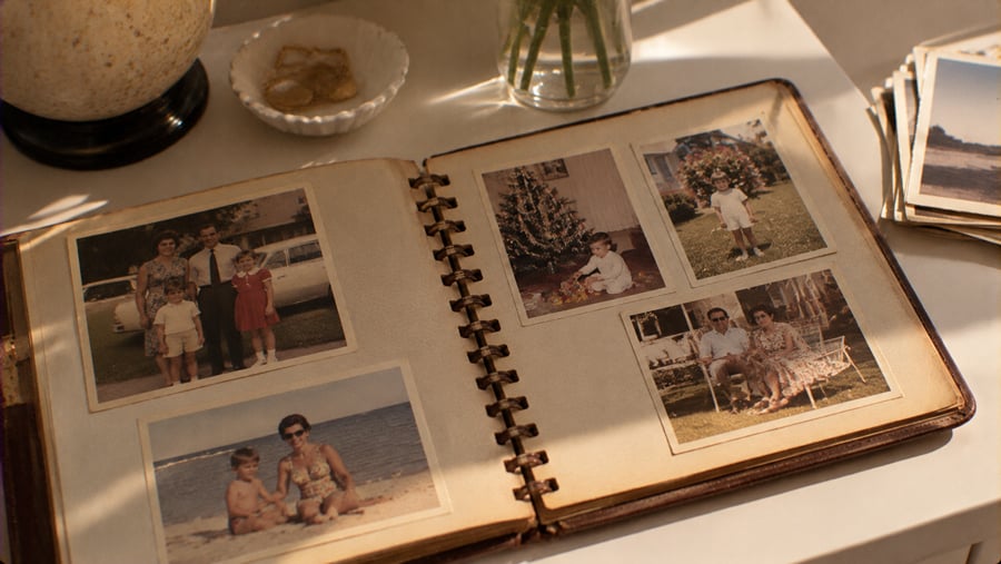 An open photo album displays vintage snapshots of a family at the beach, by a Christmas tree, and in a garden.