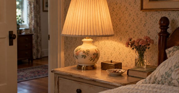 A lit floral ceramic table lamp sits on a wooden bedside table next to a small glass vase of flowers, a jewelry box, and a book.