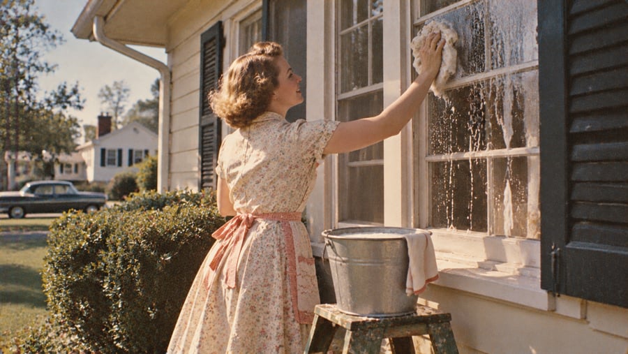A woman in a floral dress cleans a window with a sponge and soapy water, with a metal bucket on a stool nearby.