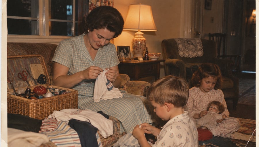 A woman in a blue-checkered dress mends clothing while sitting on a sofa with a young boy and a girl holding a doll.
