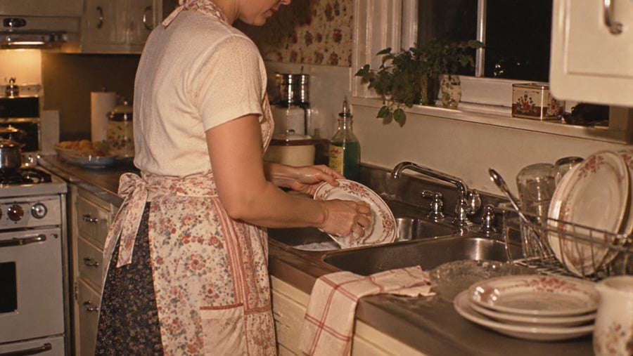 A woman wearing a floral apron washes a plate in a kitchen sink.