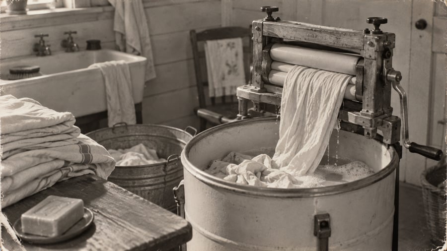 A vintage manual wringer washer feeding fabric into a metal tub, with a bar of soap on a wooden table in the foreground.