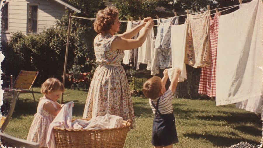 A woman in a floral dress hangs laundry on a clothesline in a yard with a young girl and a boy helping her.