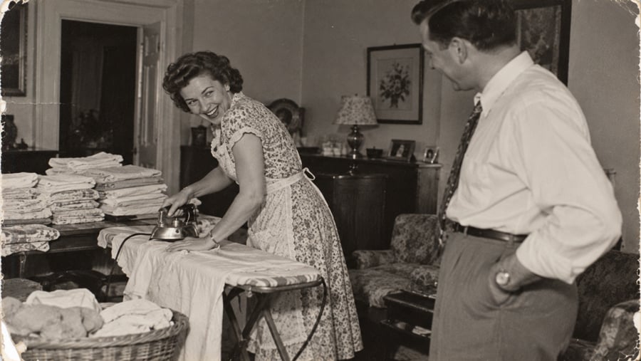 A woman in a floral dress and apron smiles while ironing laundry as a man in a dress shirt and tie watches her.