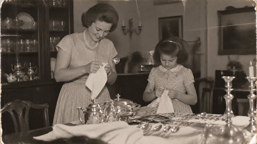 A woman and a young girl standing at a table, both polishing silver spoons with white cloths.