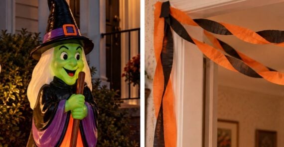 A light-up witch decoration standing outdoors next to a doorway draped with orange and black crepe paper streamers.