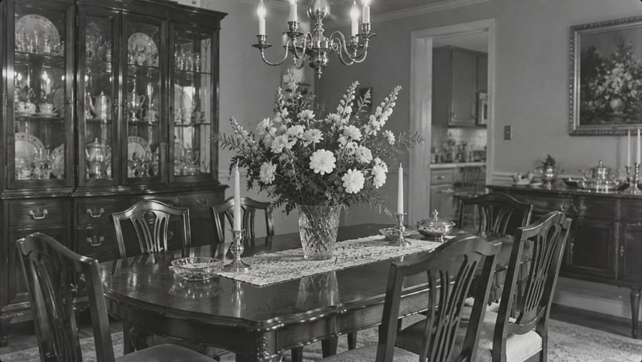 A dining room with a long table, chairs, a large floral centerpiece in a glass vase, and two candlesticks, with a hutch and sideboard visible in the background.
