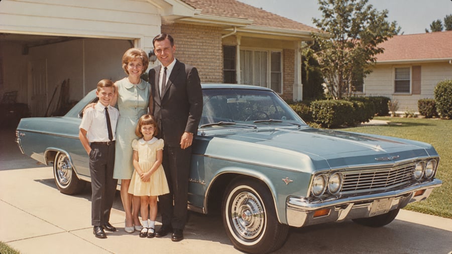 A family of four stands in a driveway beside a light blue vintage sedan in front of a brick house.