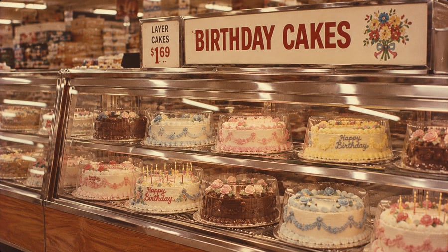 A refrigerated display case in a grocery store filled with decorated birthday cakes, topped by a sign reading “BIRTHDAY CAKES” and “LAYER CAKES $1.69.”
