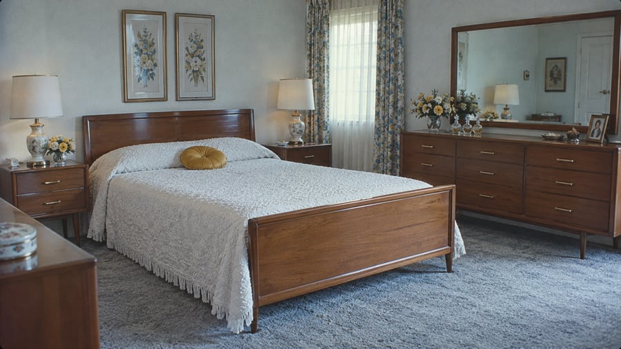A bedroom featuring a wooden bed frame with a white textured bedspread, matching wooden nightstands with lamps, and a wooden dresser with a large mirror.