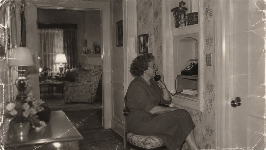 A woman sits on a chair in a hallway, talking on a wall-mounted rotary telephone.