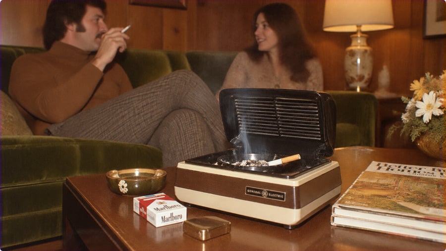 A man and a woman sit on a green sofa behind a coffee table featuring a General Electric electric ashtray, a pack of Marlboro cigarettes, and a magazine.