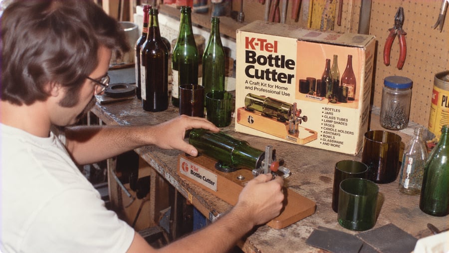 A person uses a K-Tel bottle cutter tool on a glass bottle at a workbench next to a K-Tel packaging box.