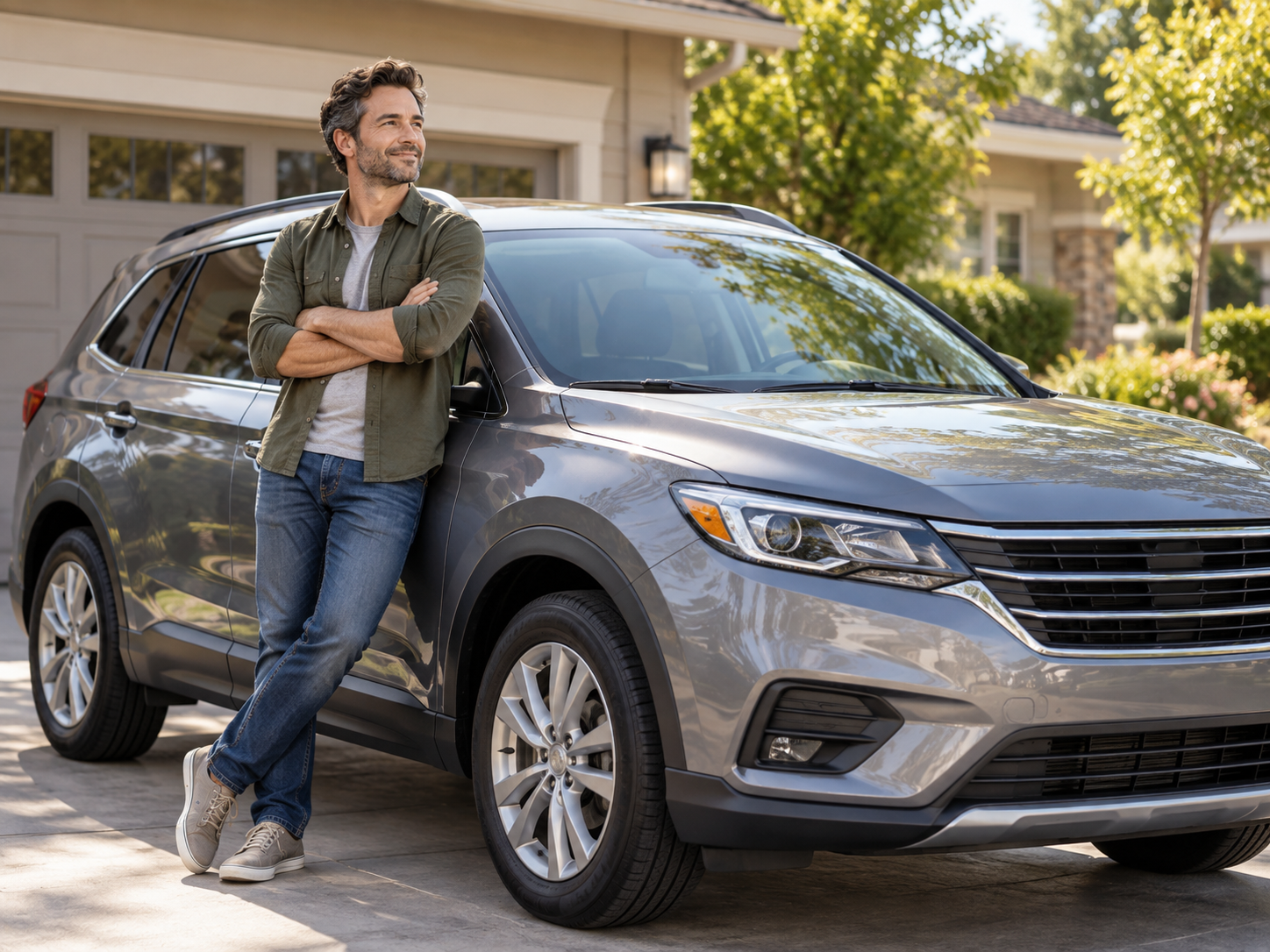 A smiling man with his arms crossed leans against a grey SUV parked in a driveway.
